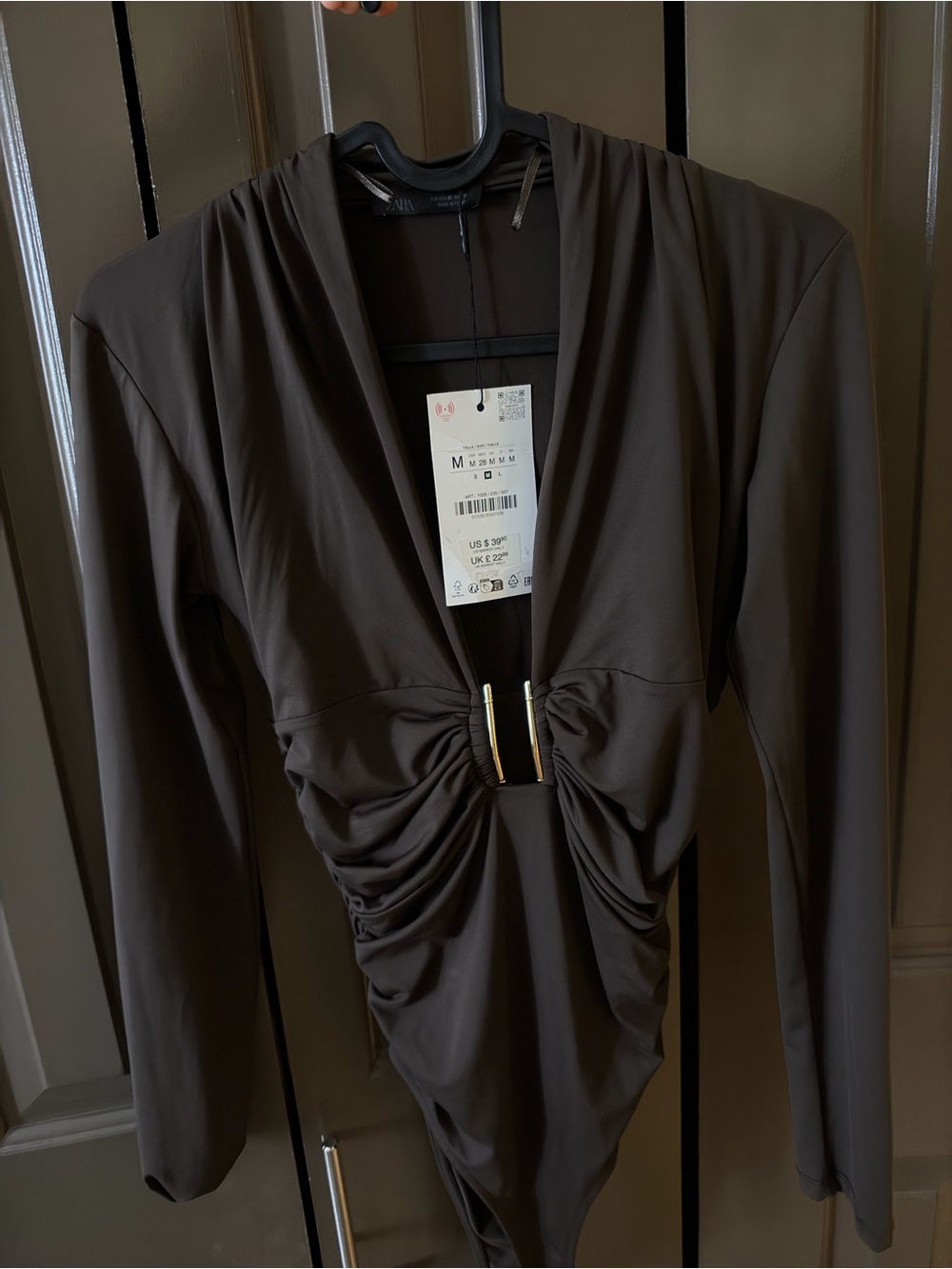 Zara Chocolate Brown Long-Sleeve Ruched V-Neck Bodysuit with Gold Accent